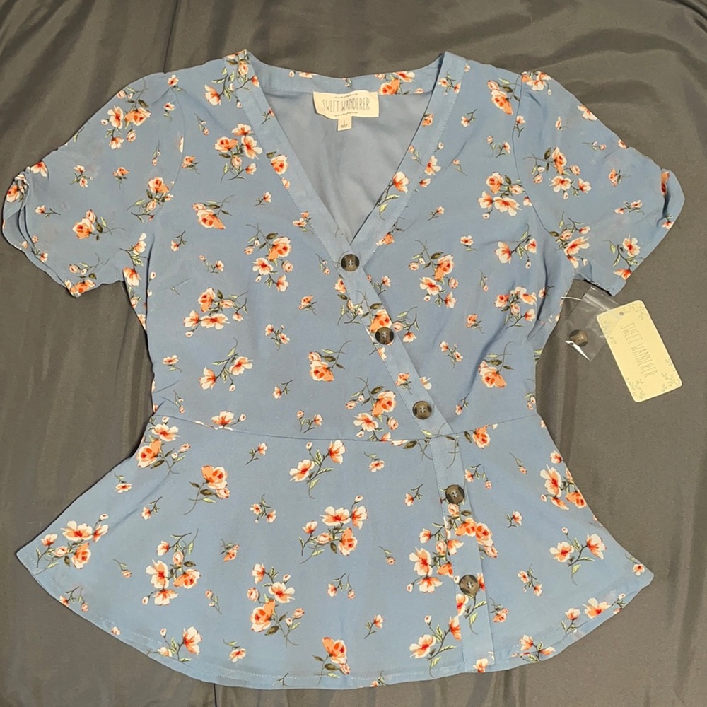 Sweet Wanderer blue floral shirt